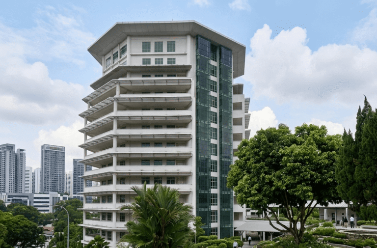 New Kwong Yee Pagoda modern columbarium tower with city skyline view