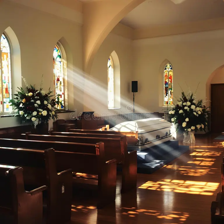 Serene church interior with funeral setup