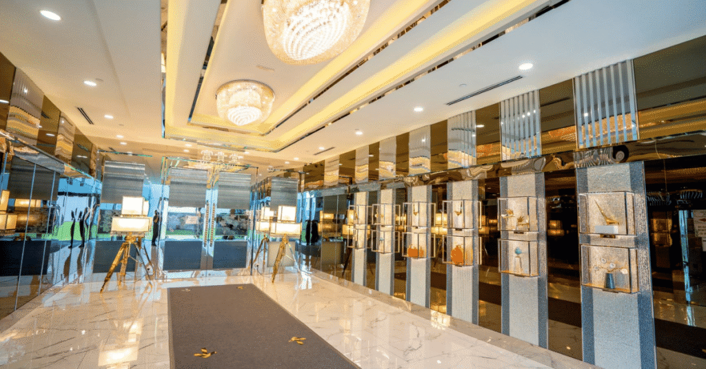 Modern funeral memorial hall entrance in Kuala Lumpur.
